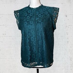 Nanette Lepore High Neck Embroidered Lace Cap Sleeve Top Medium Green Feminine